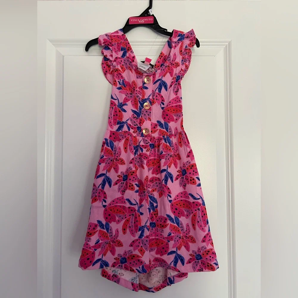 Vince Camuto Kids Viscose/ Linen Blend Vibrant Pink Floral Kids Dress